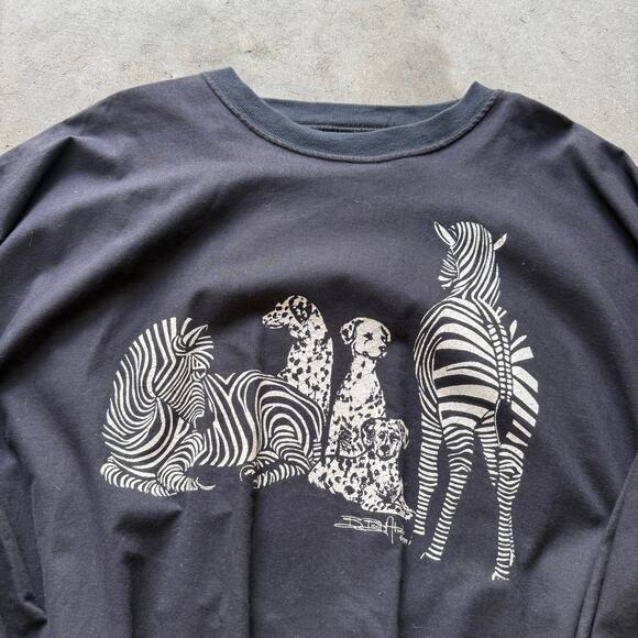 Vintage 80's Black White Zebras Dalmatians Dogs Thin Crewneck Sweatshirt Sz M - Picture 5 of 5